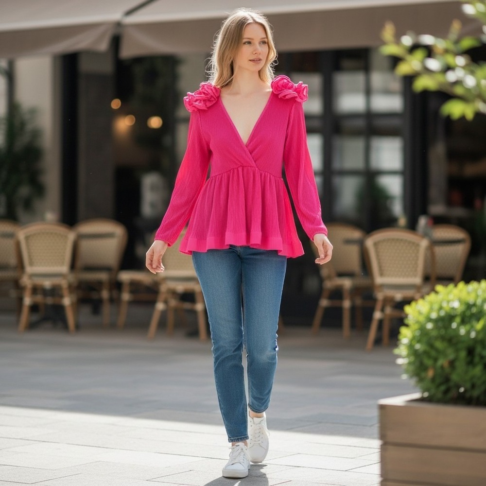 WoWo Hot Pink Pleated 3D Rosette Shoulder Long Sleeve Blouse 3X /#26894